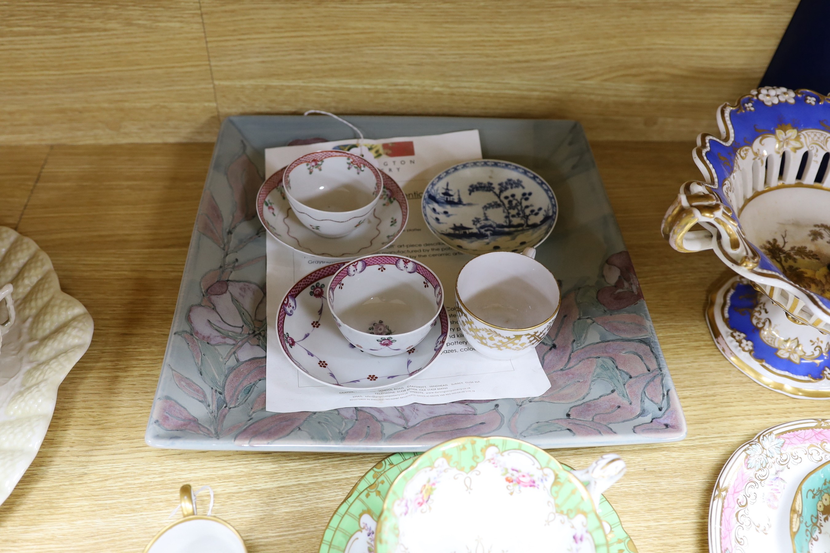 A Worcester Canonball-pattern blue and white saucer, and other 18th and 19th century tableware